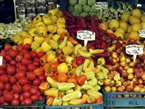 Europe, Czech Republic, Prague. Colorful produce, including peppers and tomatoes