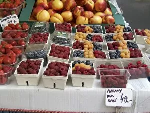 Europe, Czech Republic, Prague. A variety of beautiful berries tempt shoppers at