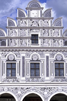 Europe, Czech Republic, South Moravia, Telc Renaissance House detail; Namesti