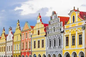 Telc Prints: Europe, Czech Republic, Telc. Colorful houses on main square