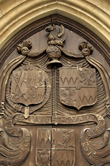 Shield Prints: Europe, England, Bath, Bath Abbey. Massive wooden front doors. THIS IMAGE RESTRICTED
