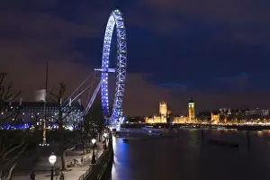 Southbank Prints: Europe, ENGLAND-London: Southbank- The London Eye and Houses of Parliament -Evening