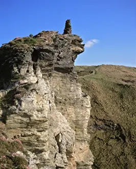 Cornwall Prints: Europe, England, Tintagel. A small chapel on the summit at Tintagel on the Cornish coast in England
