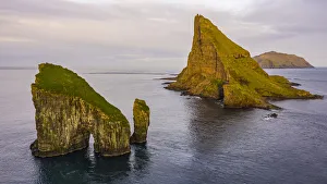 Pillar Prints: Europe, Faroe Islands. Aerial view of Drangarnir and Tindholmur off the coast of