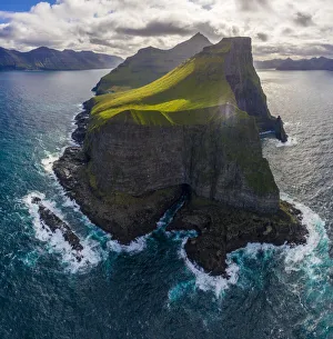 Images Dated 11th August 2020: Europe, Faroe Islands. Aerial view of Trollanes, location of a lighthouse on the northern