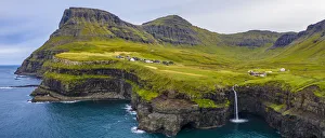 Images Dated 11th August 2020: Europe, Faroe Islands. Aerial view of the village of Gasadalur