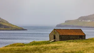 Faroe Prints: Europe, Faroe Islands. View of sheep shelter on a grassy meadow overlooking the village