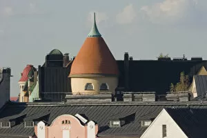Europe, Finland, Helsinki. Overview of city including building with unique roofline