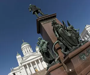 Europe, Finland, Helsinki. Senate Square with statue of Emperor Alexander II