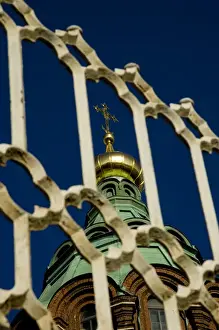 Cruise Port Prints: Europe, Finland, Helsinki. Spire of Uspenski Cathedral seen through metal gate. Credit as