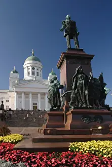 Historical Landmark Prints: Europe, Finland, Helsinki. The statue of Alexander II in Senate Square with Lutheran