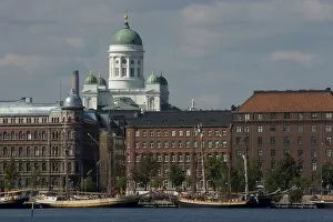 Europe, Finland, Helsinki. Views of Helsinki from harbor with Lutheran Cathedral in background