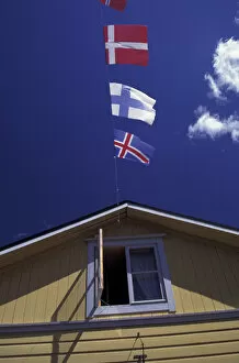Europe, Finland, Porvoo, Old Town. Scandinavian flags