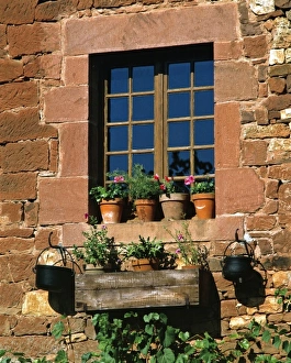 Europe, France, Collognes-la-Rouge. Colorful flower pots adorn a window in this home