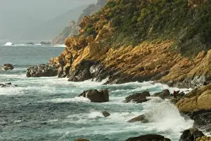 Corsica Prints: Europe, France, Corsica, Porto Fisherman dwarfed by crashing tide on rugged red rock