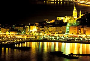 Europe, France, Cote D Azur, Menton. Town view by night