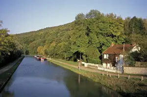 Canal Prints: Europe, France, Cote d Or Burgundy canal with tourist barge