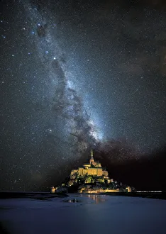 Normandy Prints: Europe, France. Milky Way over Le Mont St. Michel landmark
