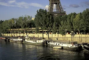 Europe, France, Paris Eiffel Tower, Seine, barges