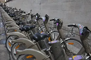 Images Dated 9th May 2009: Europe, France, Paris. Line of bicycles for rent in the Velib bike transit system