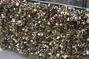 Images Dated 2nd June 2014: Europe, France, Paris. Love locks on Pont de l Archeveche over the Seine