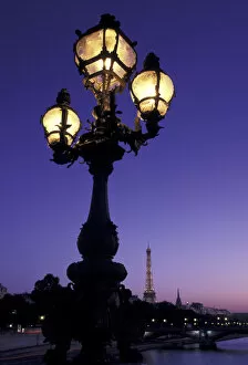 Europe, France, Paris, Streetlamp, Pont Alexandre III, Eiffel Tower in background