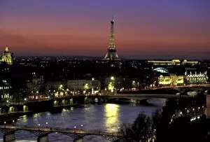 Europe, France, Paris, Sunset view of Eiffel Tower and River Seine