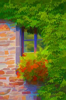 Painterly Prints: Europe, France, Provence. Abstract of window with flowers