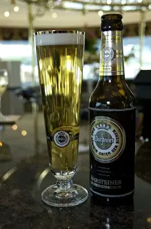 Glass Prints: Europe, Germany, Bavaria, aboard European riverboat, Warsteiner German beer