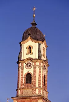 Europe, Germany, Bavaria, Mittenwald. Church steeple