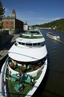 Images Dated 27th April 2009: Europe, Germany, Bavaria, Passau, Beethoven riverboat docked, Danube River