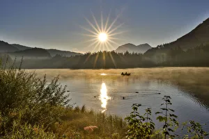 Row Boat Prints: Europe, Germany, Bavaria, Ramsau bei Berchtesgaden, Fishing on Lake Hintersee in Early