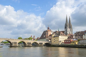 Steeple Prints: Europe, Germany, Bavaria, Regensberg, Regan River
