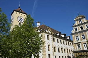 Images Dated 25th April 2009: Europe, Germany, Bavaria, Regensburg, clock tower and German architecture