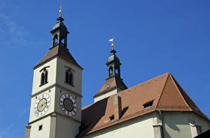 Images Dated 25th April 2009: Europe, Germany, Bavaria, Regensburg, clock tower