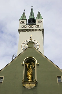 Images Dated 26th April 2009: Europe, Germany, Bavaria, Straubing, clock tower on church