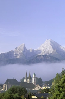Berchtesgaden Prints: Europe, Germany, Berchtesgaden. Steeples of St. Andrews and St. Peter as mist clears