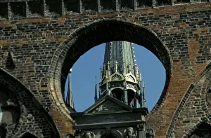 Lubeck Prints: Europe, Germany, Lubeck. St. Marien Church bell tower viewed through windholes
