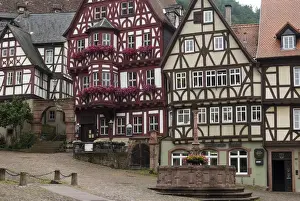 Quaint Prints: Europe, Germany, Miltenberg, half-timbered buildings, fountain