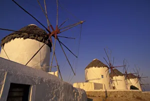 Images Dated 13th June 2011: Europe, Greece, Cyclades Islands, Mykonos, Mykonos windmills, sunrise