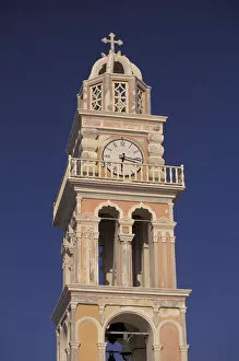 Images Dated 7th October 2004: Europe, Greece, Cyclades Islands, Santorini, Thira. Ornate bell tower, Catholic church