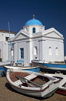 Images Dated 24th May 2010: Europe, Greece, Greek Island, Mykonos, Hora, Rowboats on the shore of Hora Harbor
