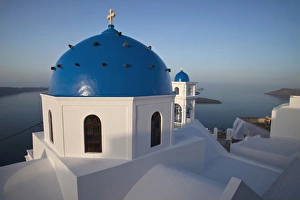 Images Dated 18th May 2009: Europe, Greece, Greek Island, Santorini, Blue Domed Church at the high point of Santorini