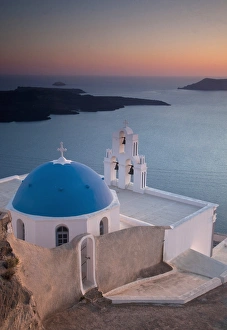 Images Dated 19th May 2010: Europe, Greece, Greek Island, Santorini, Blue Domes, Church, Bell Tower in villiage