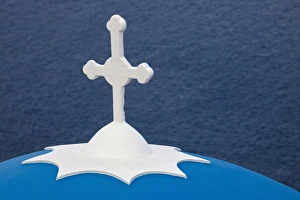 Images Dated 22nd May 2010: Europe, Greece, Greek Island, Santorini, Blue Dome, Church, White Cross, Firostefani