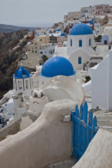 Images Dated 18th May 2009: Europe, Greece, Greek Island, Santorini, Blue Domes, Churchs, Bell Towers in villiage