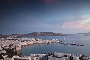 Europe, Greece, Greek Isles, Mykonos, Horia, Overviewing the harbor below, near Sunset