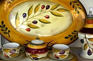 Olive Prints: Europe, Greece, Katakolon. Typical souvenir dishes with olive decoration