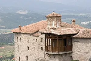 Greek Orthodox Prints: Europe, Greece, Meteora. Overview of Saint Barbara Roussanou Monastery and wood balcony