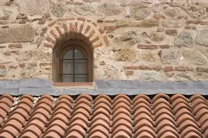 Greek Orthodox Prints: Europe, Greece, Meteora. Tile roof and small window in Grand Meteora Monastery. Credit as